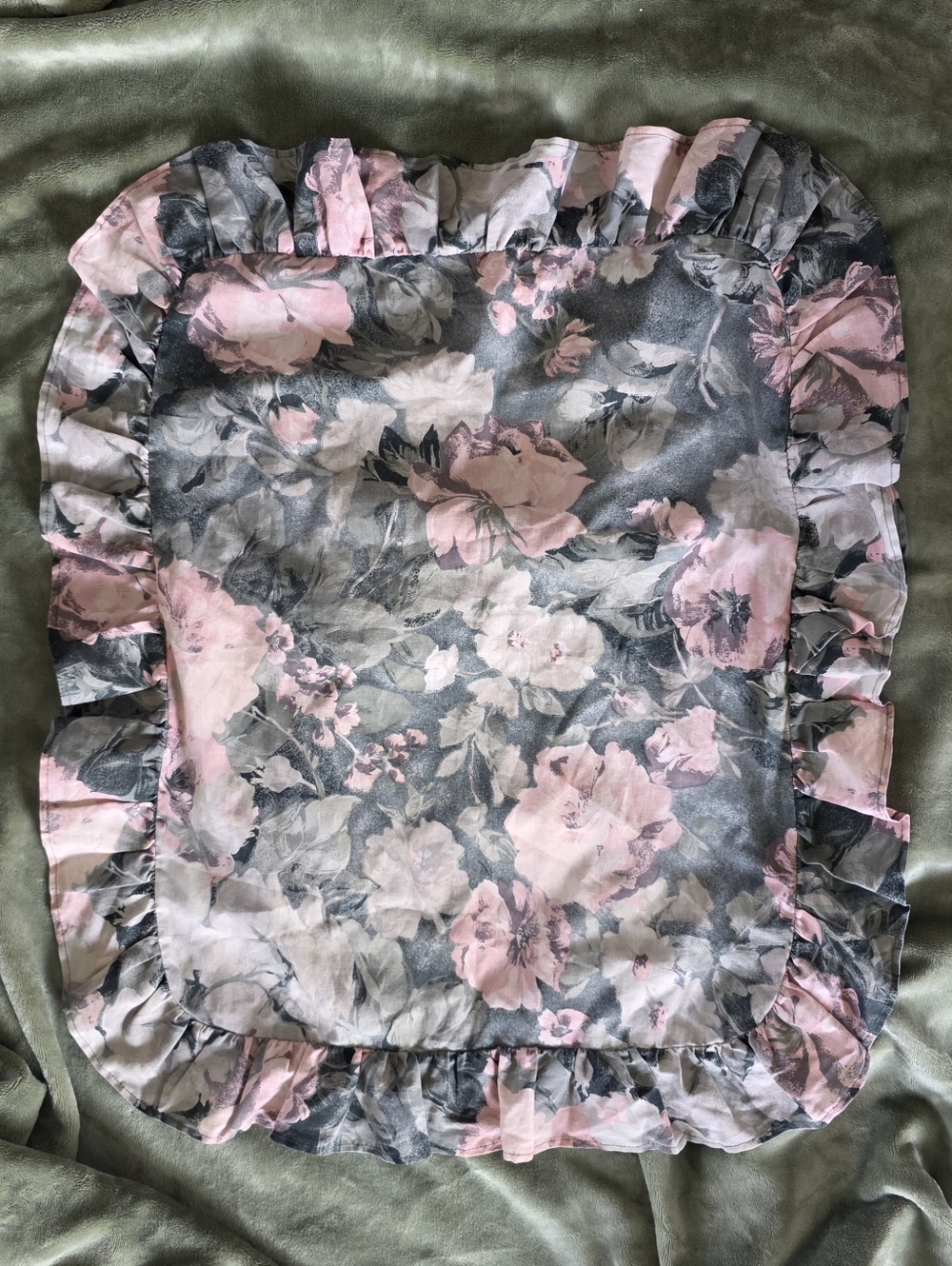 Rare 90's Cannon Floral Ruffle Pillow Sham + Standard Case Pink &Gray Rose Print